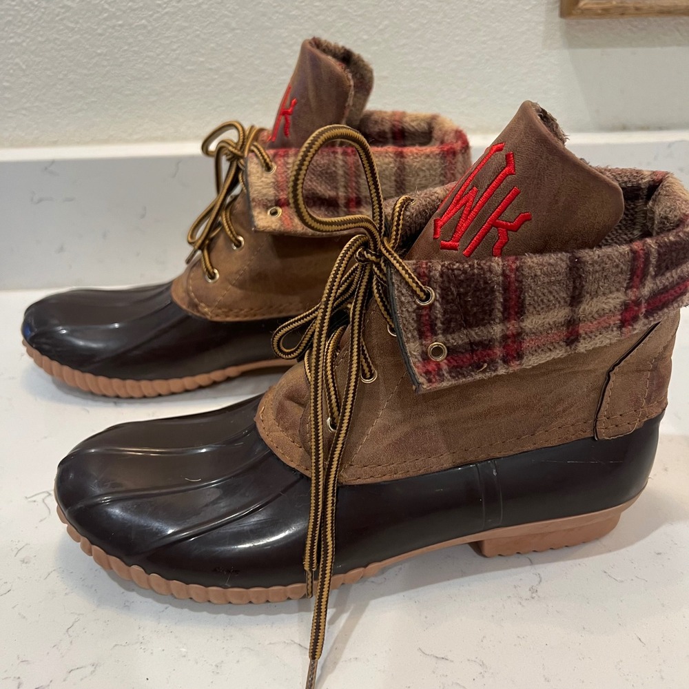 MarleyLilly Monogram Duck Boots Plaid Lined Lace Up‎ Waterproof Winter Women 9